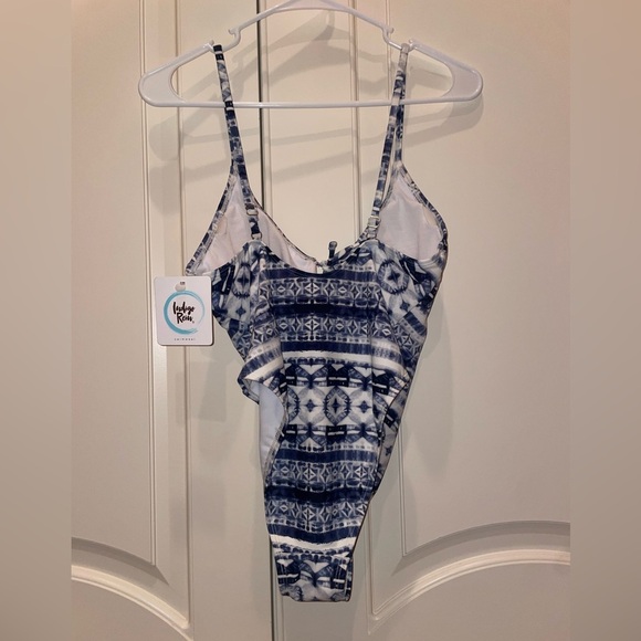 Indigo Rein blue and white Aztec tie dye one piece swimsuit with high leg - Picture 5 of 6